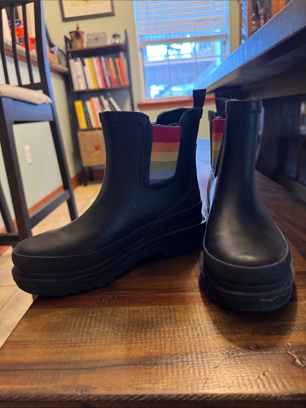 chooka Black Chelsea Rain Booties with Rainbow Elastic